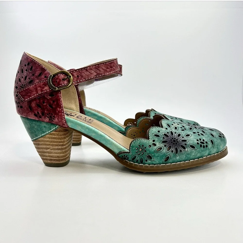 L'Artiste Spring Step Parchetta Blum Blue Multi Leather Heels Shoes 38 US 7.5-8